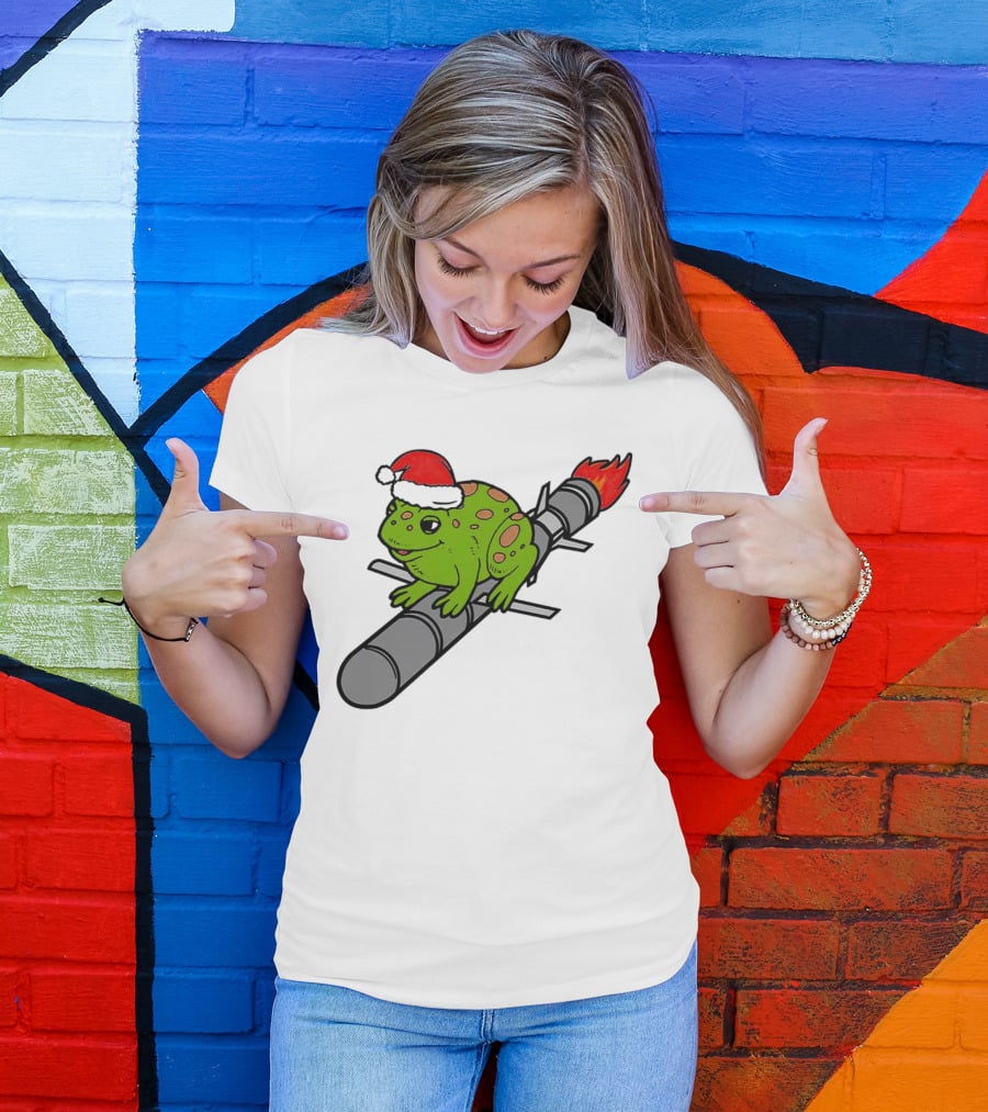 Missile Toad Christmas Frog With Santa Hat Riding A Rocket T-Shirt