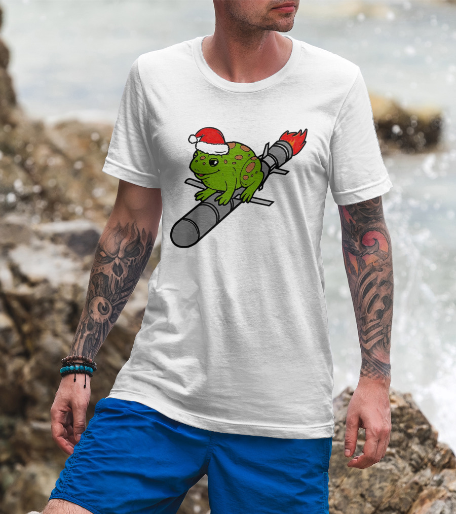 Missile Toad Christmas Frog With Santa Hat Riding A Rocket T-Shirt
