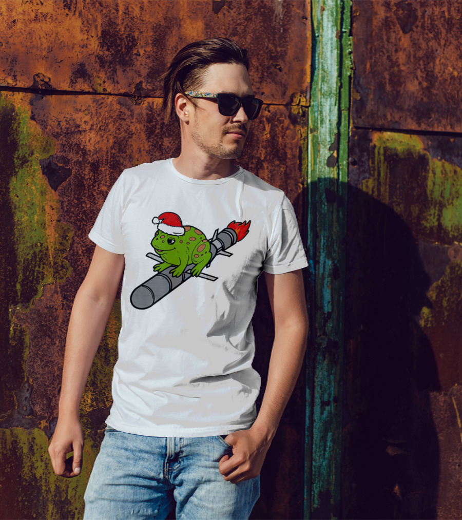 Missile Toad Christmas Frog With Santa Hat Riding A Rocket T-Shirt