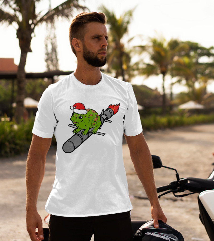 Missile Toad Christmas Frog With Santa Hat Riding A Rocket T-Shirt