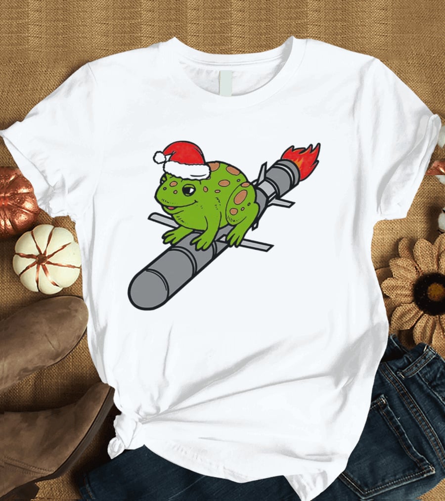 Missile Toad Christmas Frog With Santa Hat Riding A Rocket T-Shirt