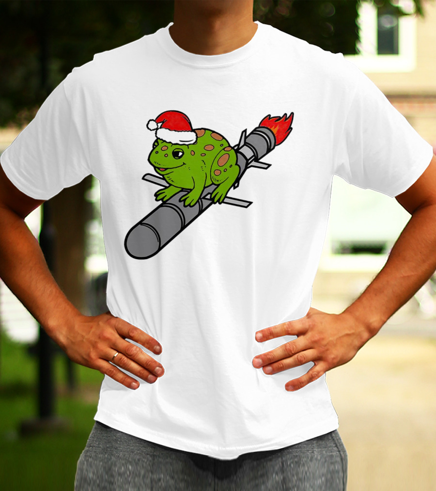 Missile Toad Christmas Frog With Santa Hat Riding A Rocket T-Shirt