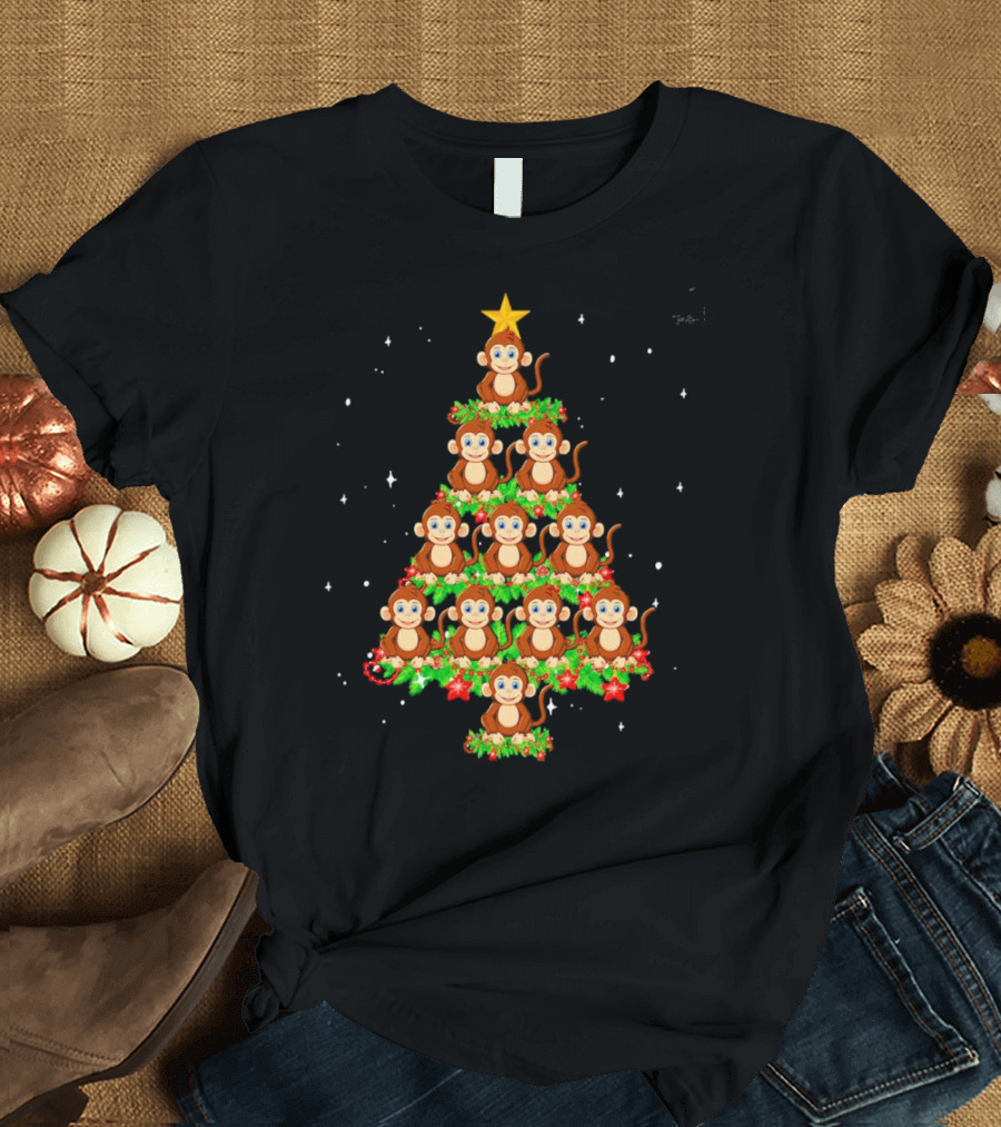 Monkey Christmas Tree Star Top Holiday Decor T-Shirt