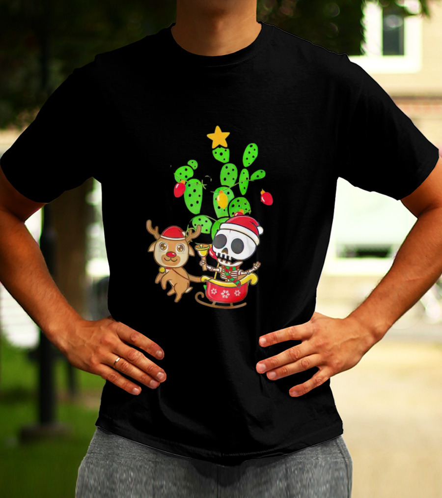 Nopalito Calacas Feliz Navidad Cactus Skeleton Reindeer Christmas T-Shirt