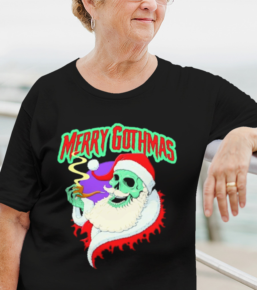 Merry Gothmas Skull Santa Smoking Holiday Greeting T-Shirt