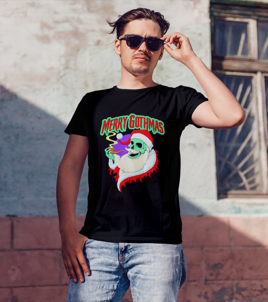 Merry Gothmas Skull Santa Smoking Holiday Greeting T-Shirt
