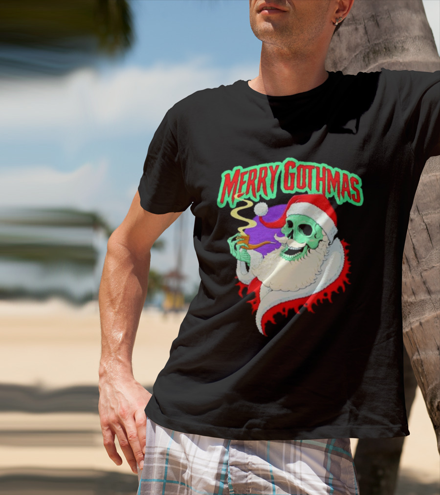 Merry Gothmas Skull Santa Smoking Holiday Greeting T-Shirt