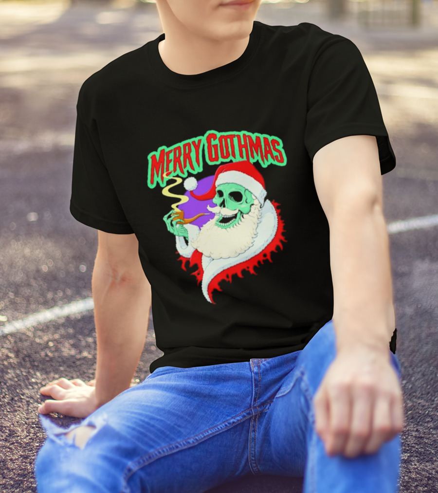 Merry Gothmas Skull Santa Smoking Holiday Greeting T-Shirt