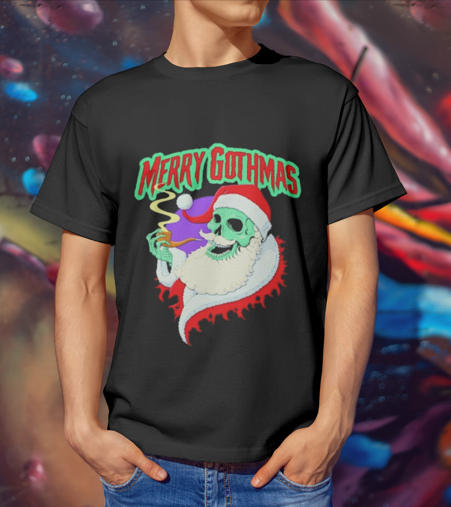 Merry Gothmas Skull Santa Smoking Holiday Greeting T-Shirt