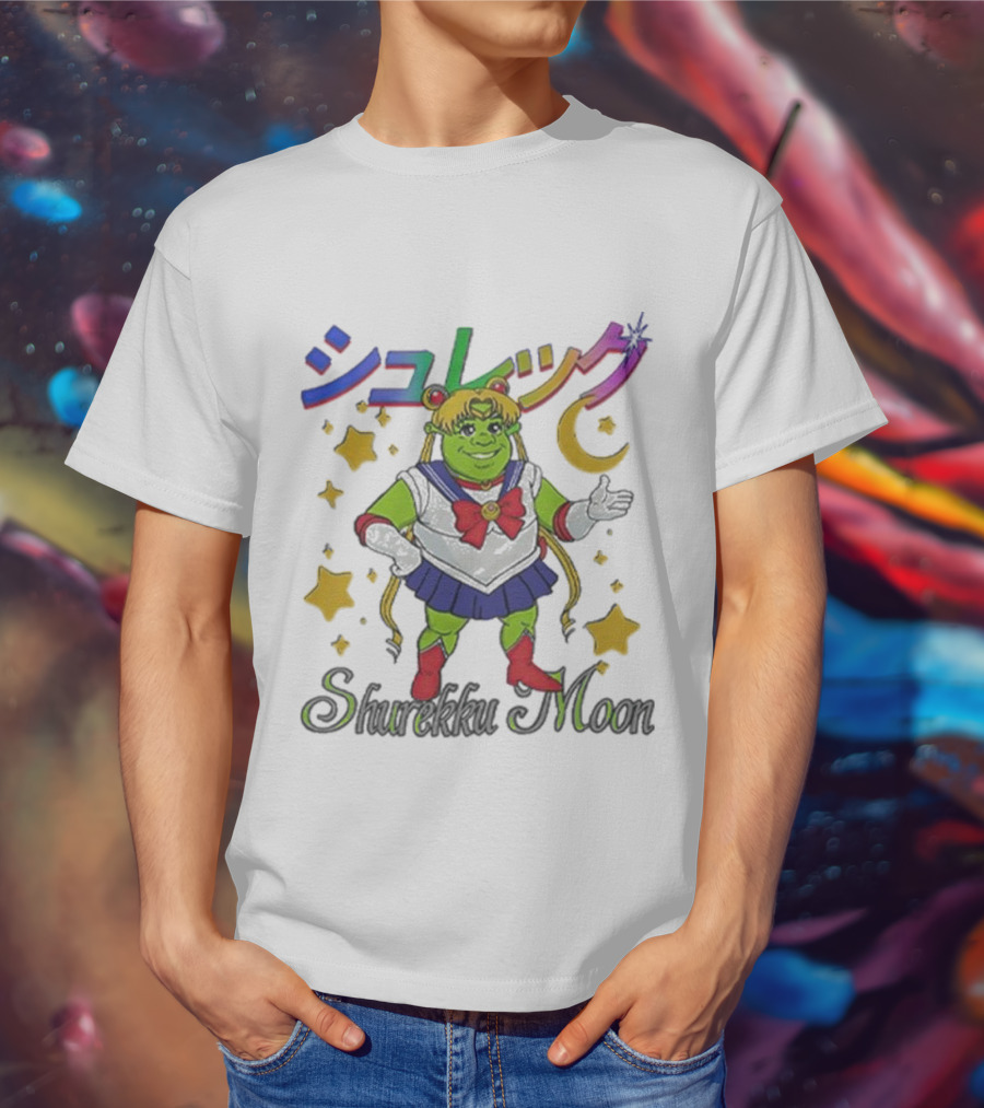 Shurekku Moon Shrek Sailor Moon カラフルな星と月 T-Shirt