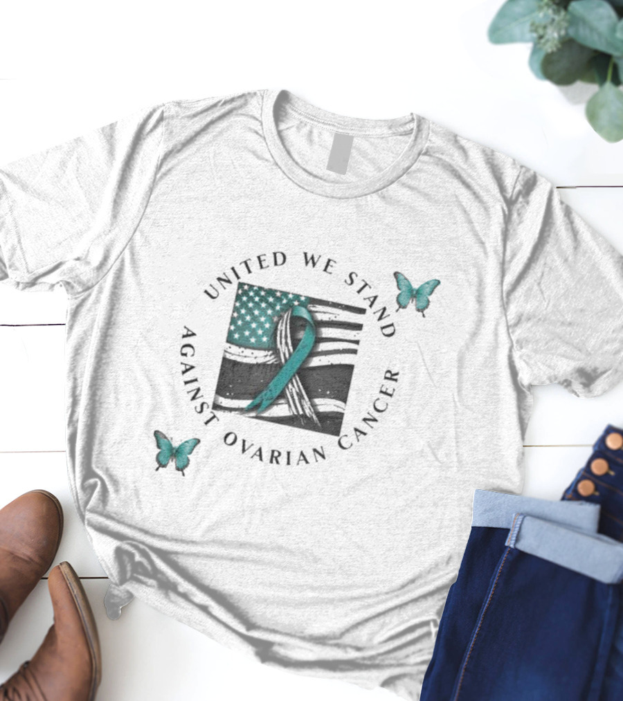 United We Stand Against Ovarian Cancer Ribbon American Flag Butterfly T-Shirt