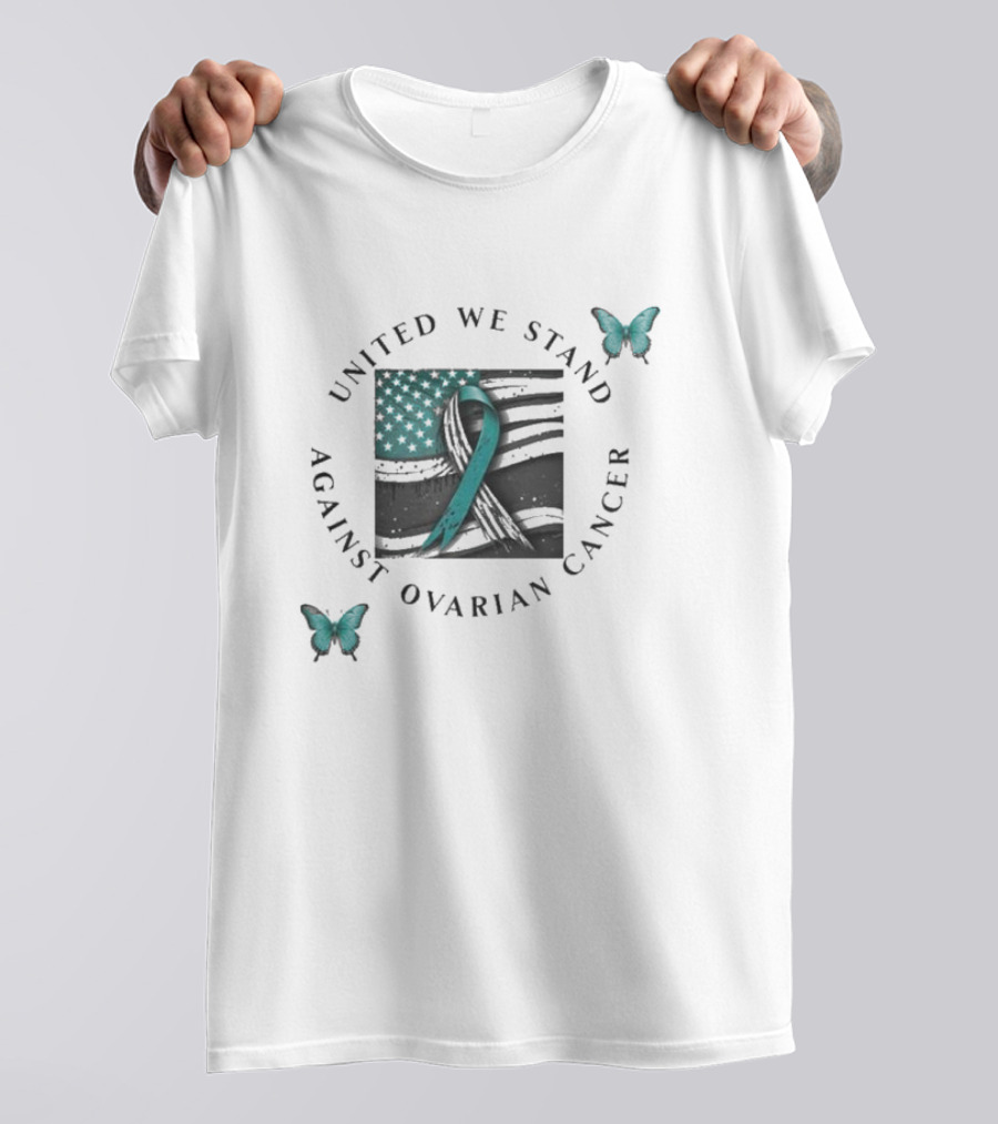 United We Stand Against Ovarian Cancer Ribbon American Flag Butterfly T-Shirt
