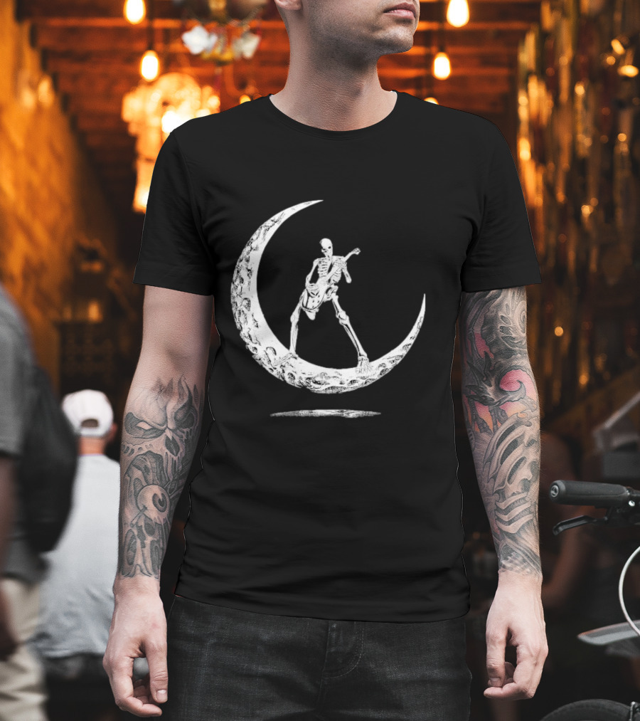 Skeleton Playing Guitar On Crescent Moon Rock And Roll Band T-Shirt