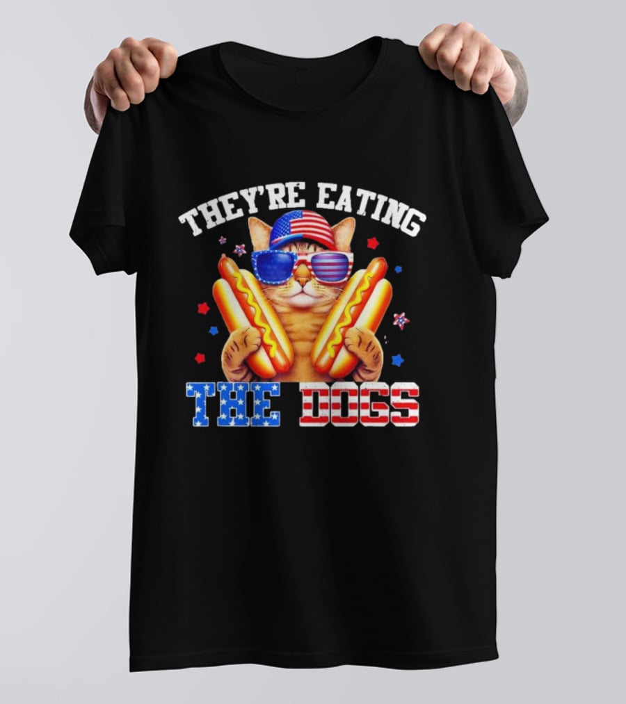 They’re Eating The Dogs Patriotic Cat With Hotdogs And American Flag Sunglasses T-Shirt