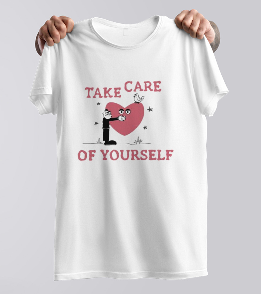 Take Care Of Yourself Heart With Cartoon Character And Bird T-Shirt