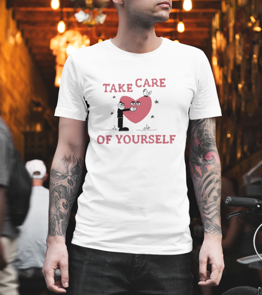 Take Care Of Yourself Heart With Cartoon Character And Bird T-Shirt