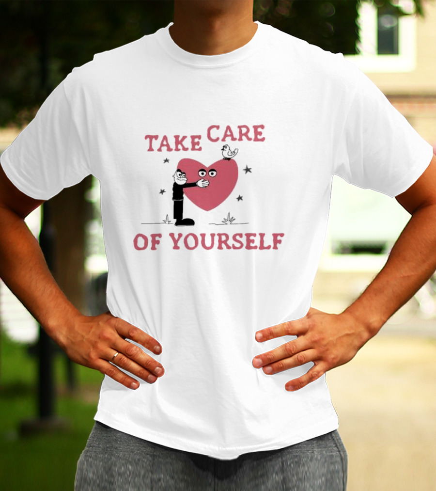 Take Care Of Yourself Heart With Cartoon Character And Bird T-Shirt
