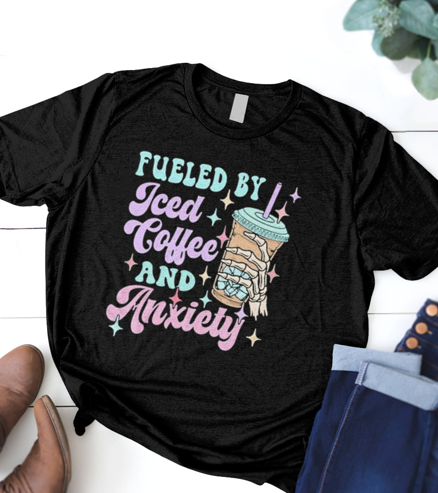 Fueled By Iced Coffee And Anxiety Skeleton Hand Pastel Aesthetic T-Shirt