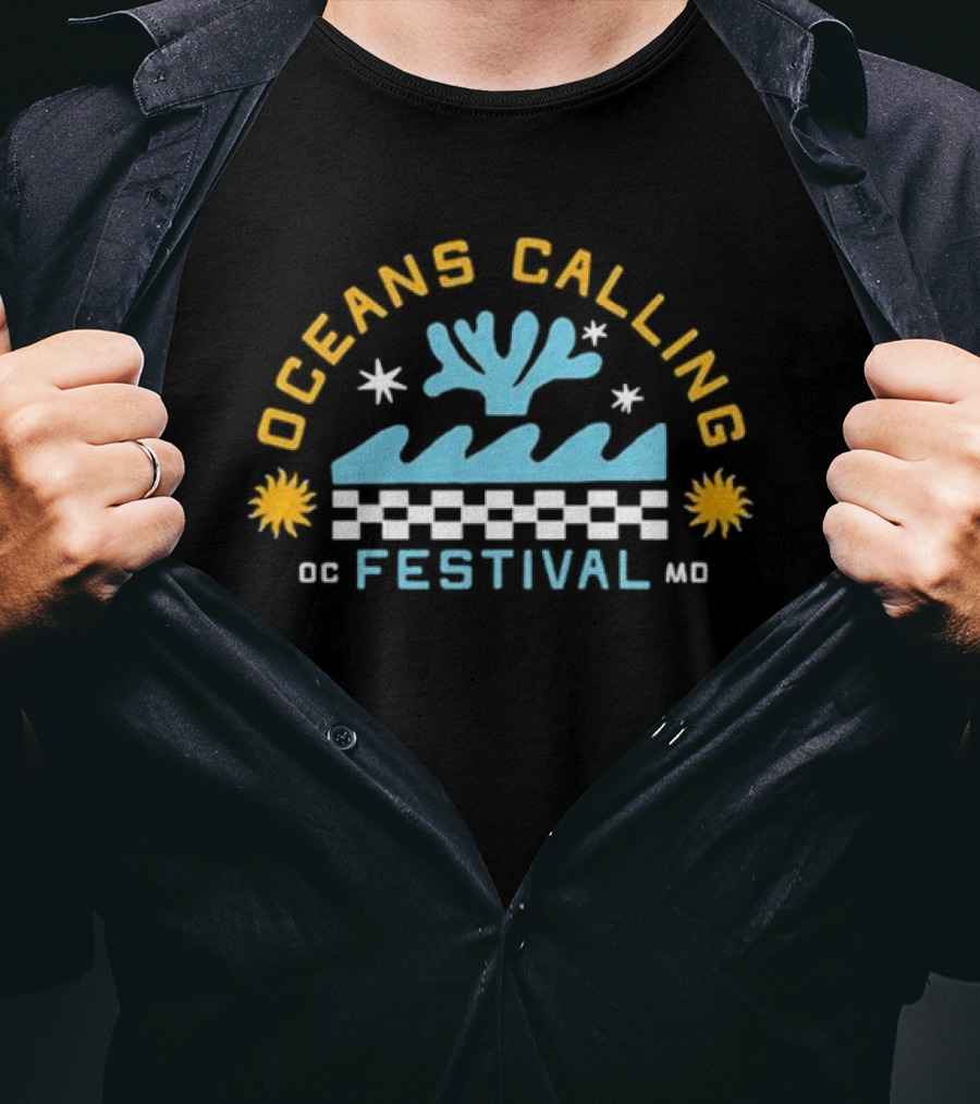 Oceans Calling Festival OC Festival MD Checkered Waves And Stars T-Shirt