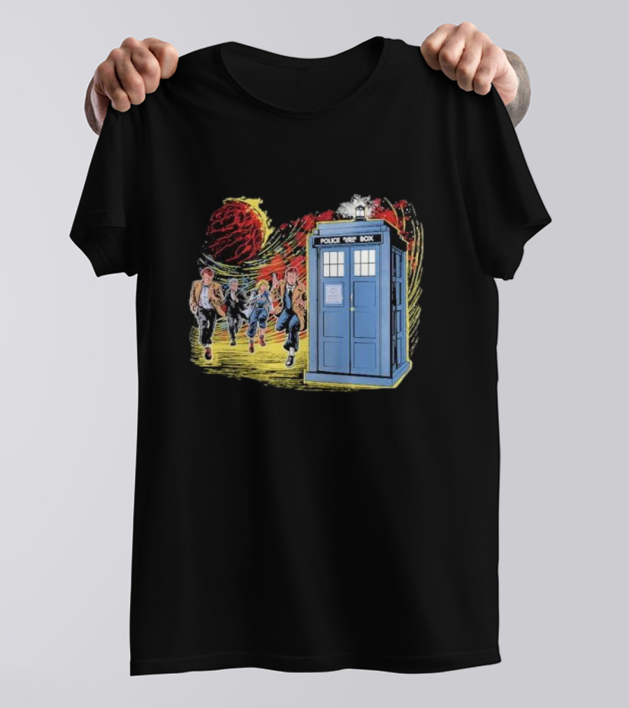 Police Public Box Time Travel Sci-fi Comics Chase With Doctor And Companions T-Shirt