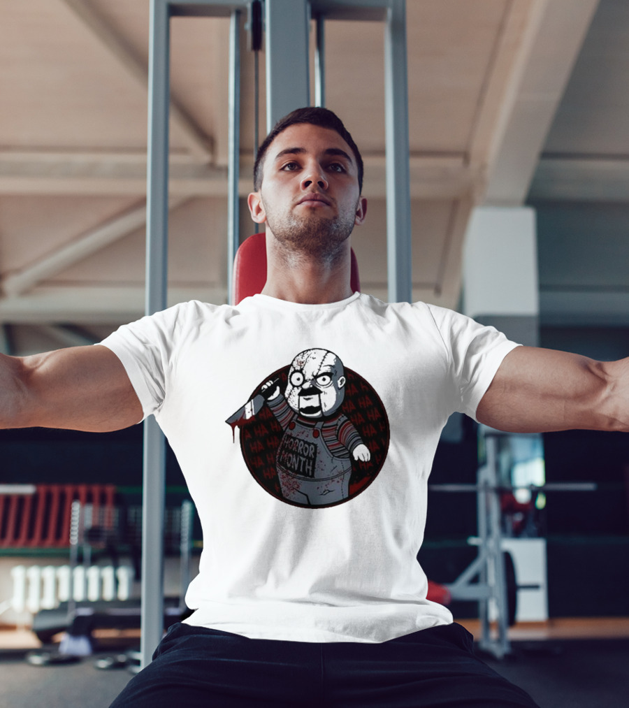 Horror Month Screen Printed Bloody Knife HA HA Masked Character T-Shirt