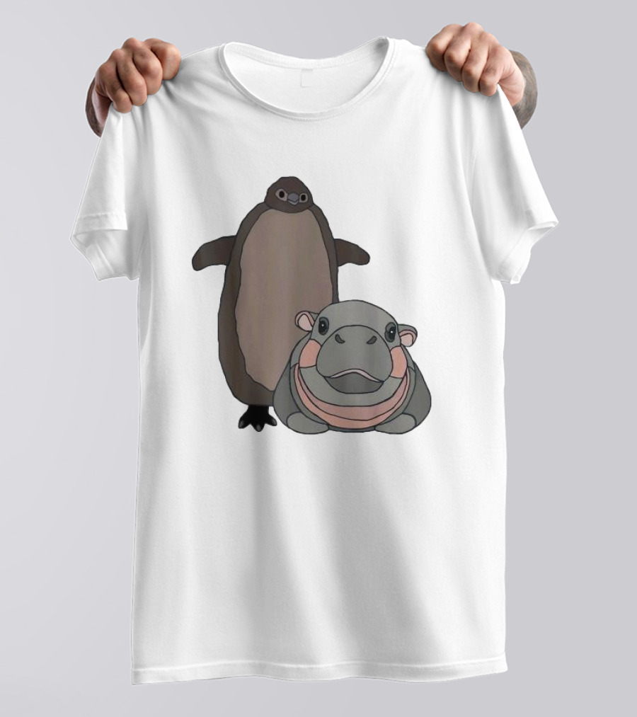 Pesto The Penguin And Moo Deng The Baby Hippo Cartoon Characters T-Shirt