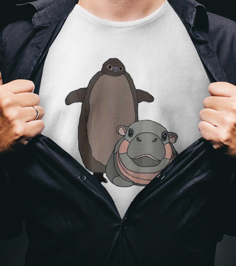 Pesto The Penguin And Moo Deng The Baby Hippo Cartoon Characters T-Shirt