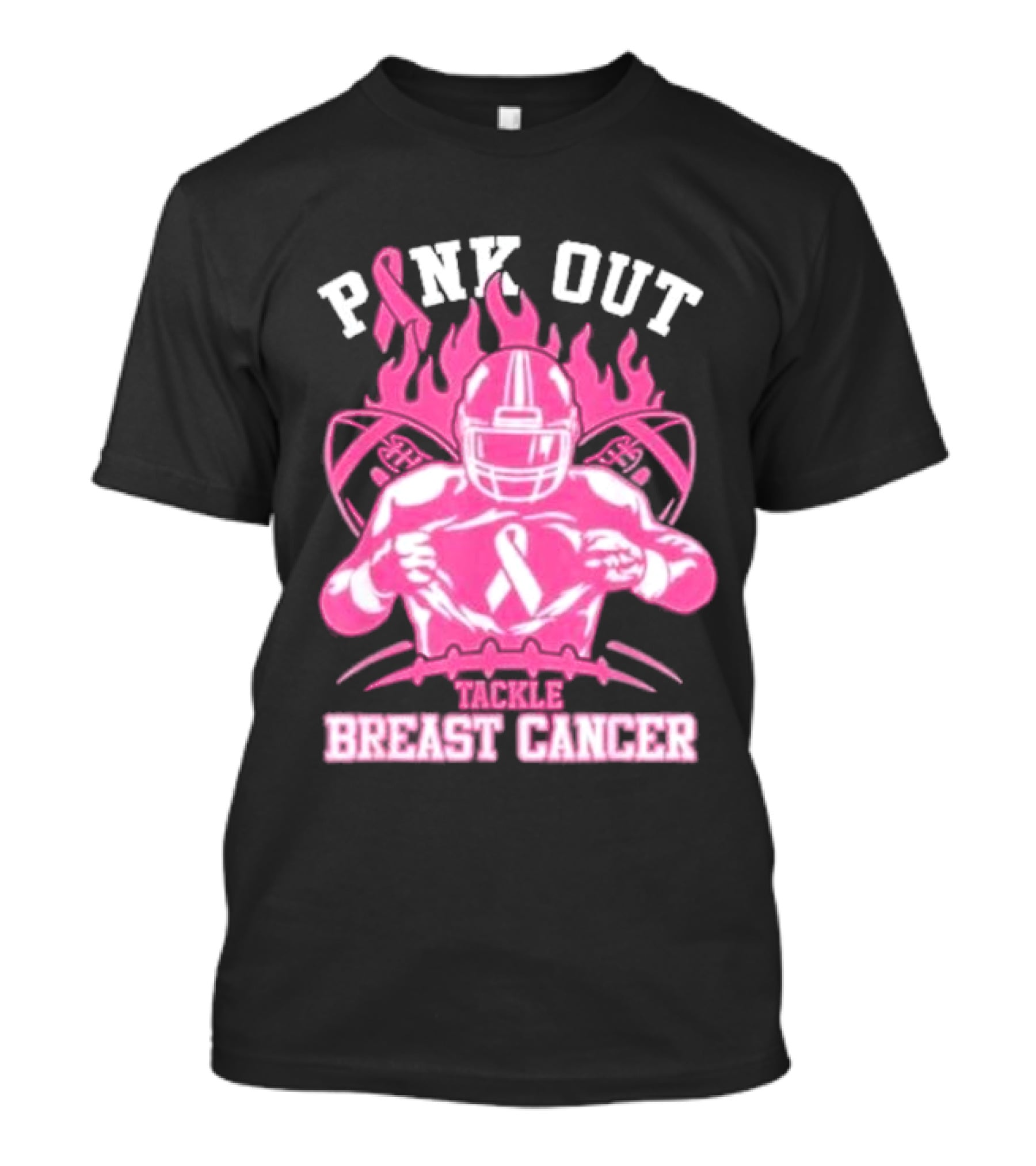 Pink Out Tackle Breast Cancer Awareness Football Player Ribbon Flames T-Shirt