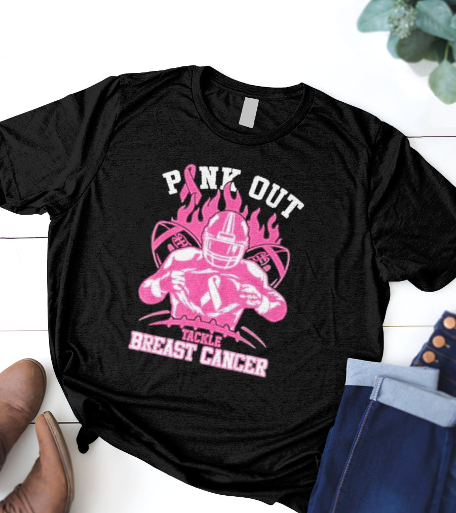 Pink Out Tackle Breast Cancer Awareness Football Player Ribbon Flames T-Shirt