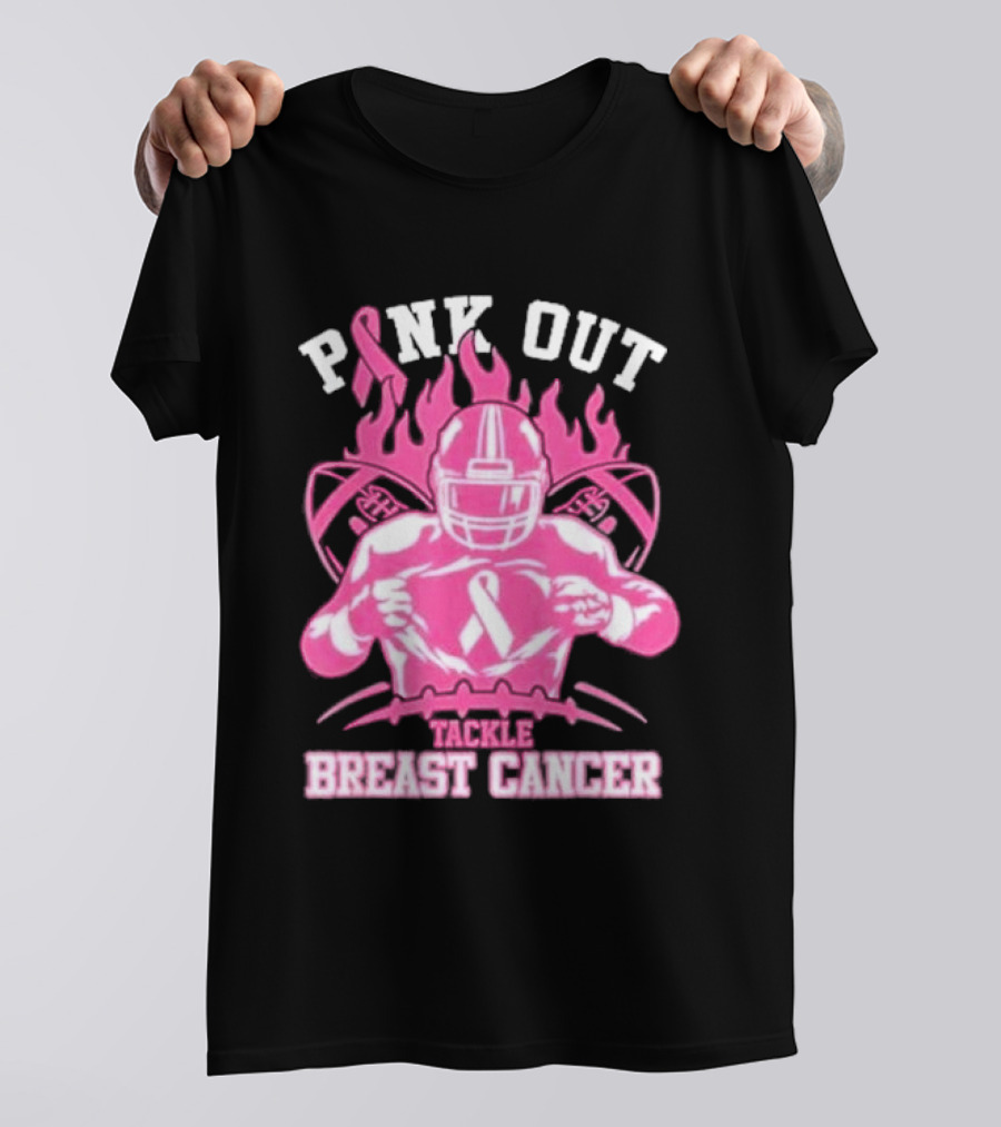 Pink Out Tackle Breast Cancer Awareness Football Player Ribbon Flames T-Shirt