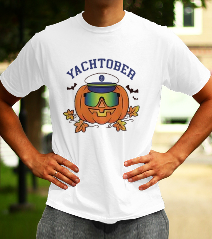 Yachtober Captain Pumpkin With Sunglasses And Bats T-Shirt
