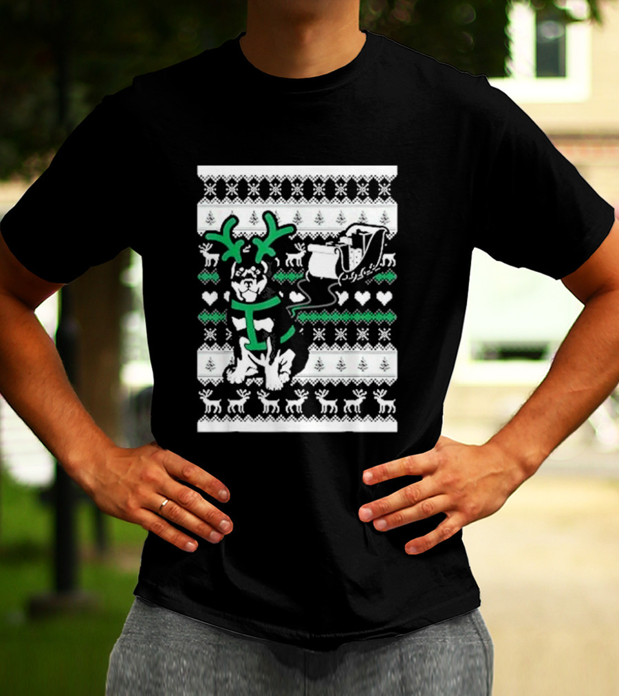 Christmas German Shepherd Wearing Antlers Pulling Santa Claus Sleigh Ugly T-Shirt