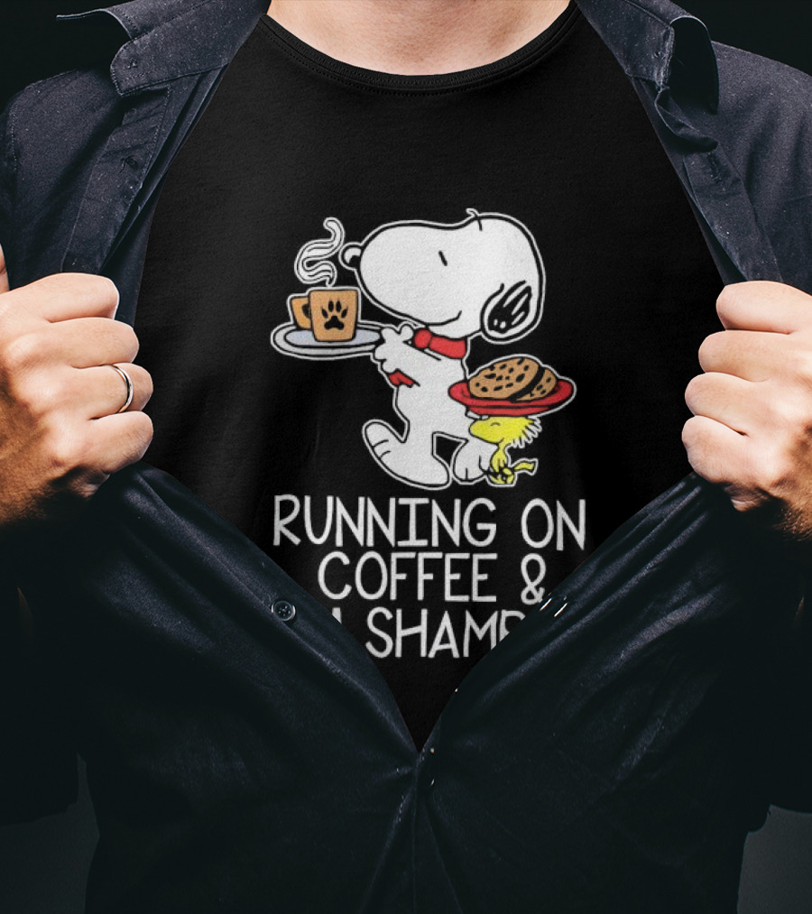 Snoopy And Woodstock Running On Coffee And Dry Shampoo T-Shirt