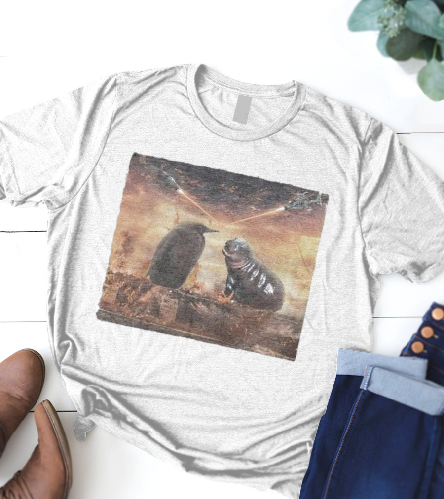 Baby Pesto Penguin Standoff With Moo Deng Amidst Battling Spaceships T-Shirt