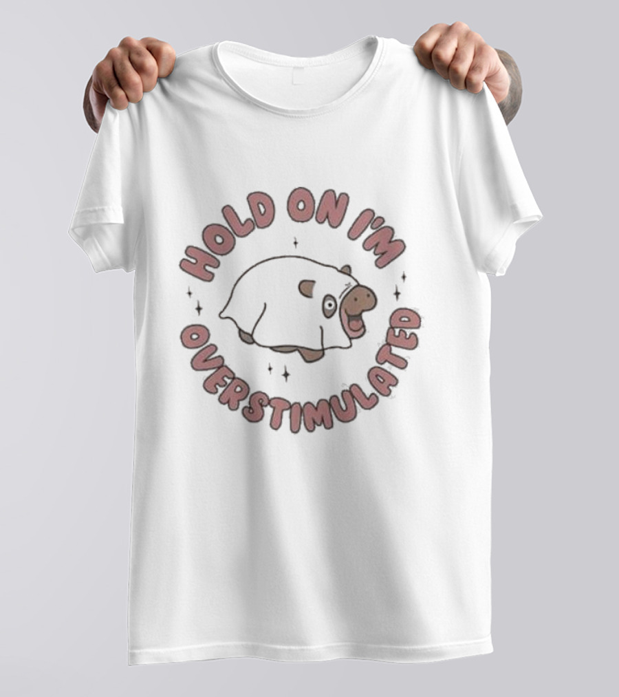 Hold On I'm Overstimulated Cute Cartoon Cow With Sparkles T-Shirt