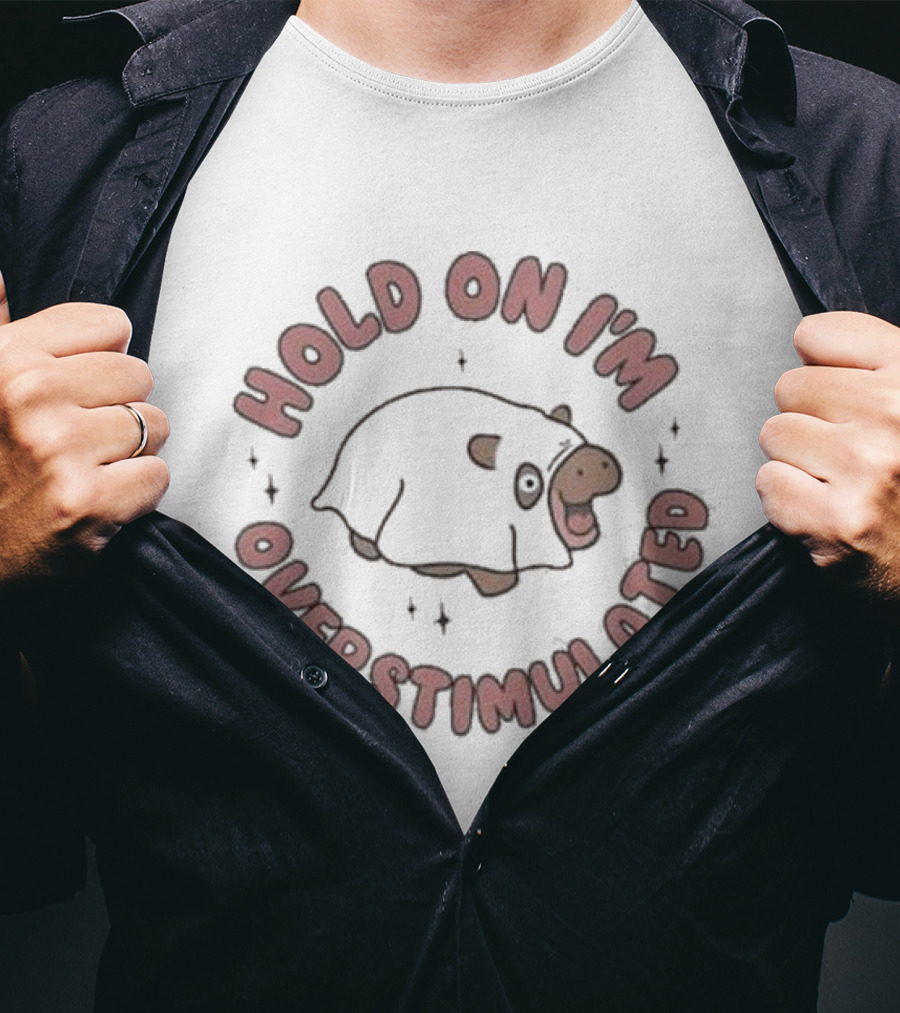 Hold On I'm Overstimulated Cute Cartoon Cow With Sparkles T-Shirt