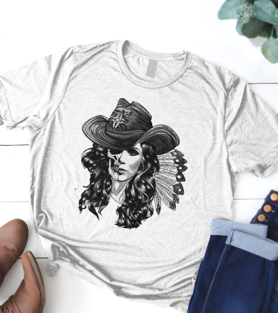Mickie James Ghost Rider Cowgirl Skull Feather Hat T-Shirt