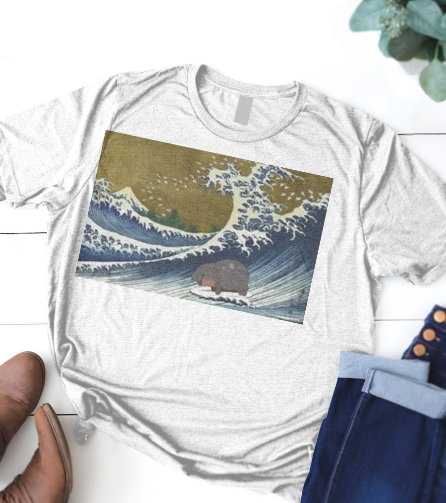 Moo Deng Surfing The Great Wave Off Kanagawa Hybrid T-Shirt