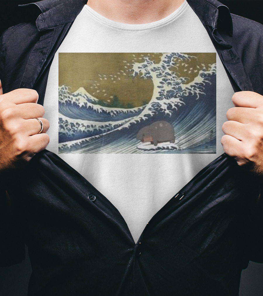 Moo Deng Surfing The Great Wave Off Kanagawa Hybrid T-Shirt