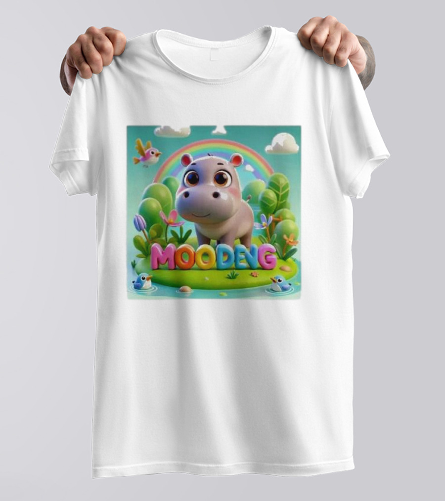 Moo-Deng The Famous Baby Pygmy Hippo Moo Deng Rainbow Meadow Scene T-Shirt
