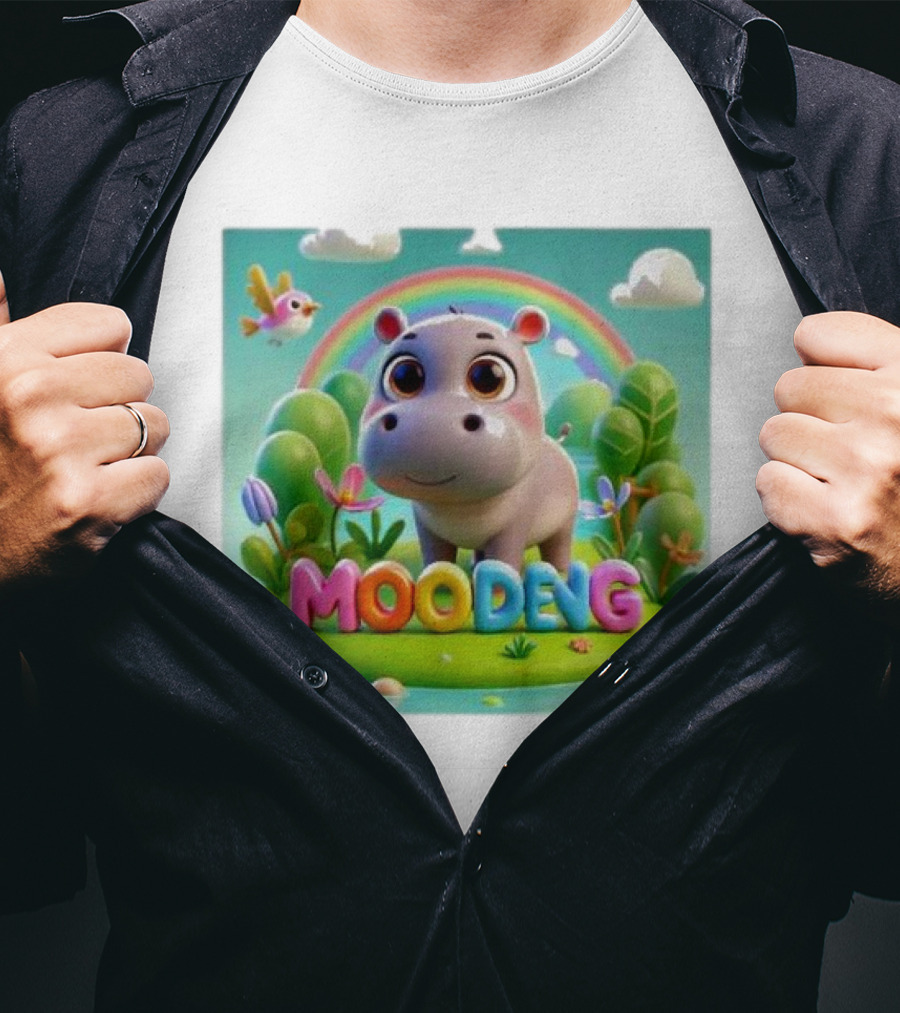 Moo-Deng The Famous Baby Pygmy Hippo Moo Deng Rainbow Meadow Scene T-Shirt