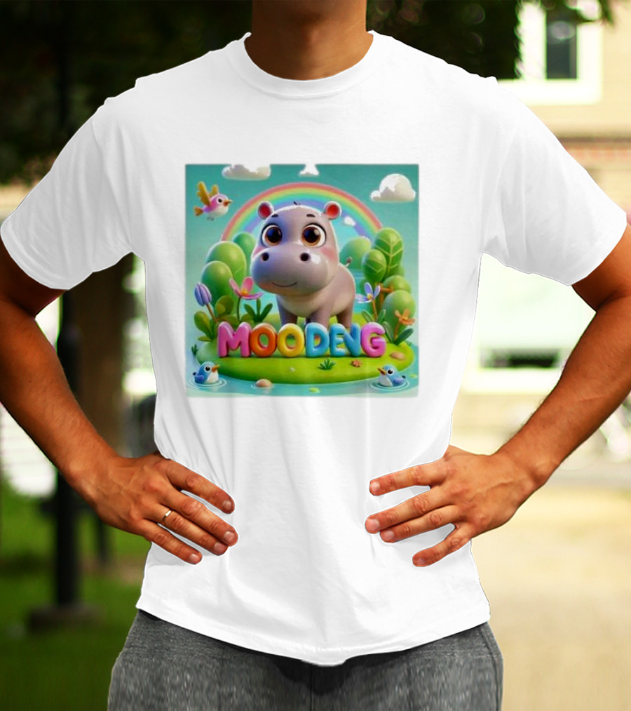 Moo-Deng The Famous Baby Pygmy Hippo Moo Deng Rainbow Meadow Scene T-Shirt