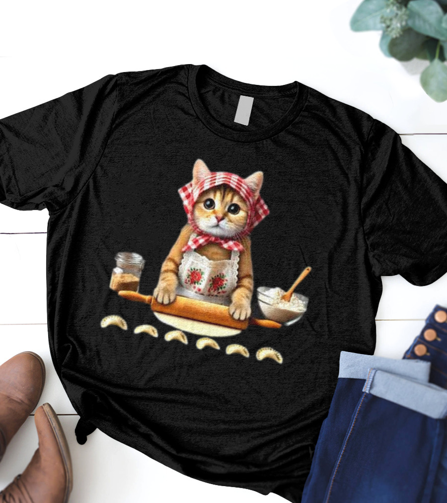 Cat Making Pierogi With Rolling Pin And Ingredients Polish T-Shirt