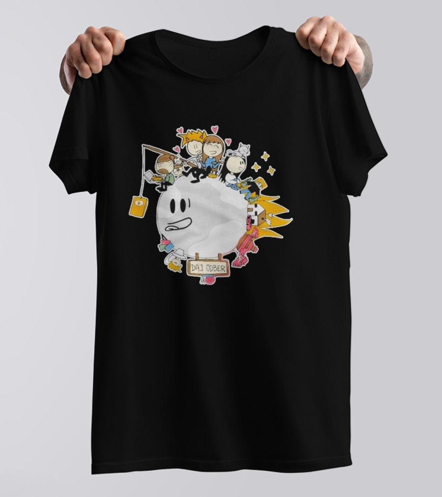 Daj Odber Cartoon Characters Around Smiling Moon With Expressions And Accessories T-Shirt