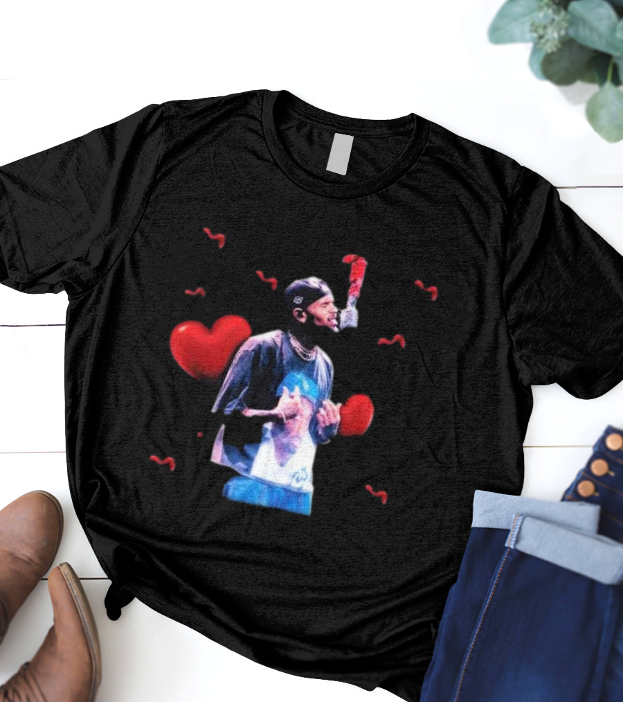 Chris Brown Microphone Performance With Hearts T-Shirt