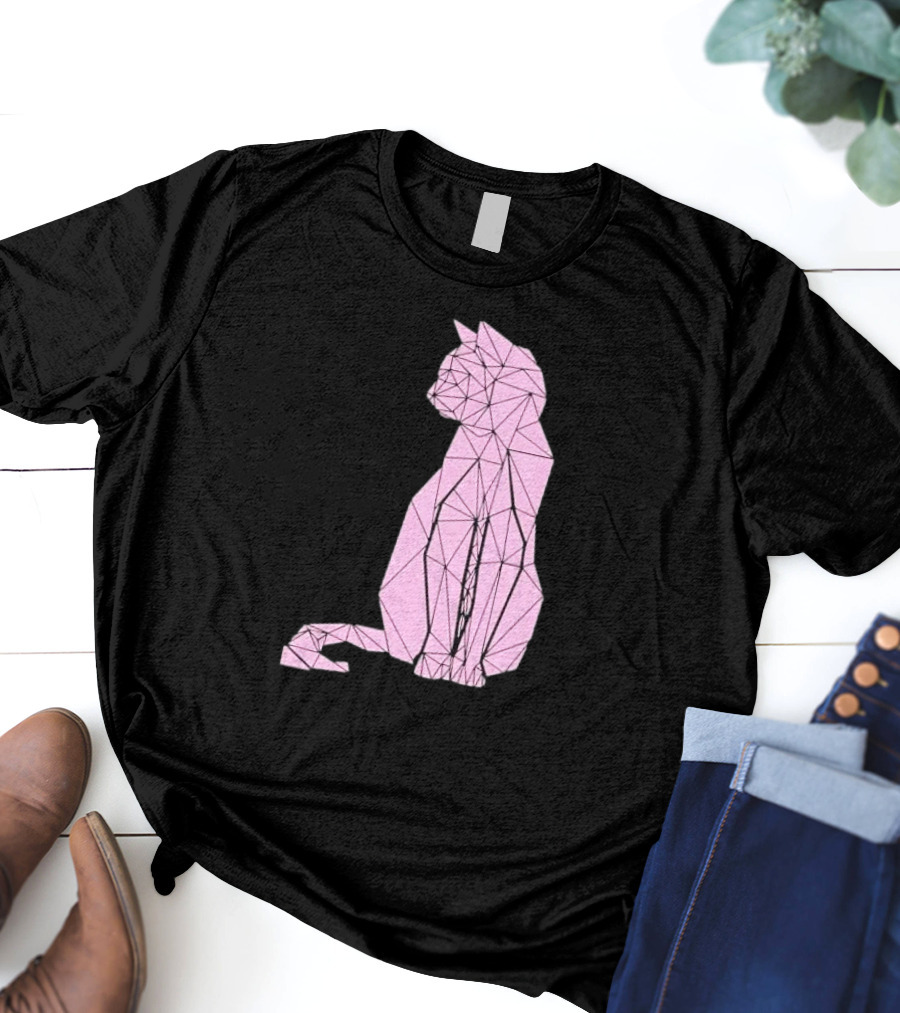 Geometric Cat Feline Pet Lover Minimalist Pink Line T-Shirt
