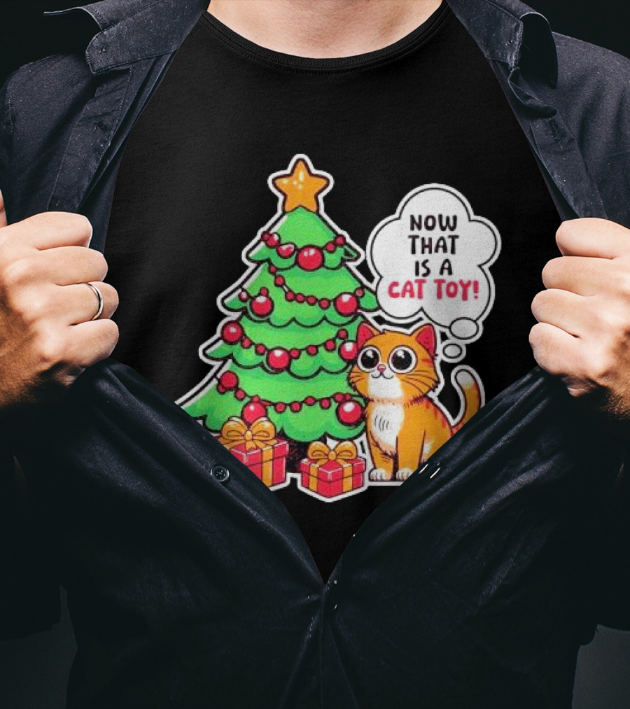 Now That Is A Cat Toy A Cute Orange Cat With Wide Eyes Next To Decorated Christmas Tree T-Shirt