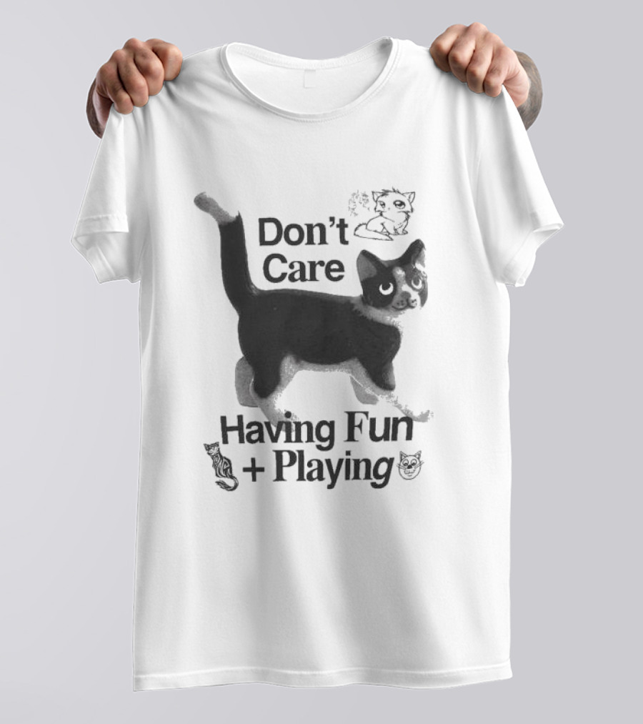 Don’t Care Having Fun Playing Cute Black Cat Sketch Art T-Shirt