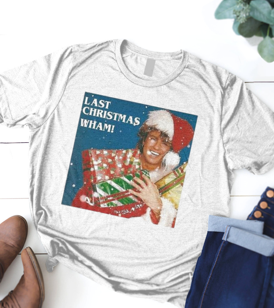 Last Christmas Wham George Michael Santa Hat Holding Gift T-Shirt