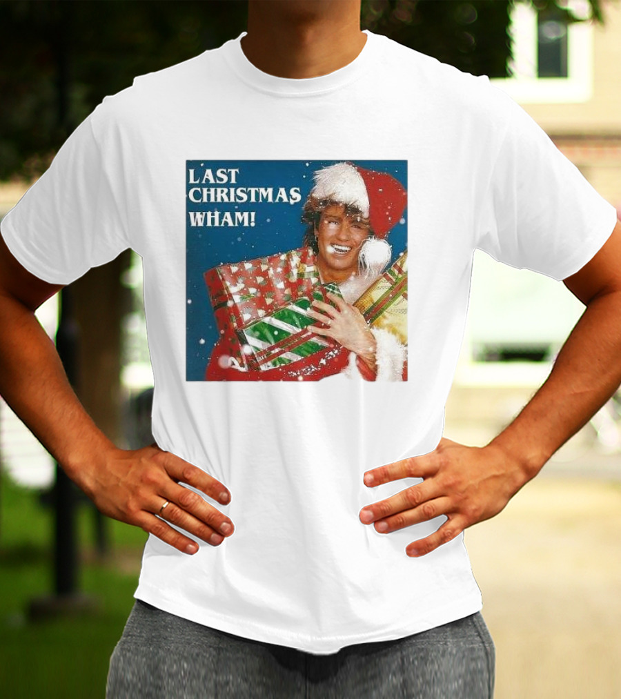 Last Christmas Wham George Michael Santa Hat Holding Gift T-Shirt